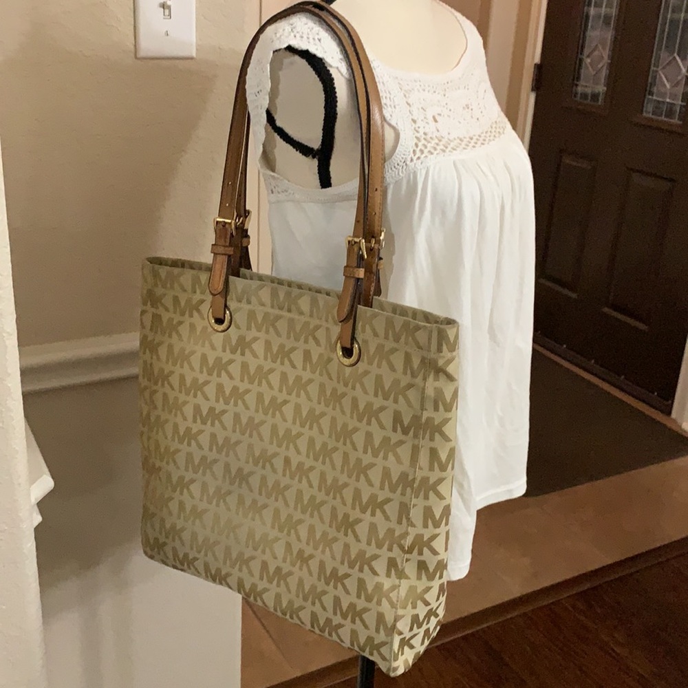 Michael Kors MK monogrammed print tan large shoulder bag with tan leather straps